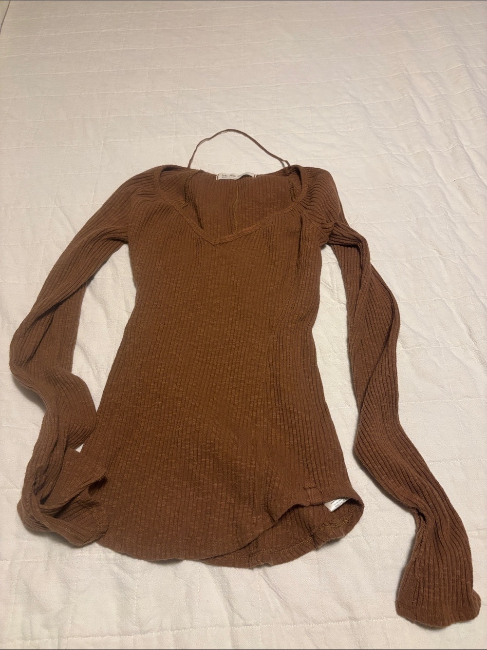 We The Free Brown Ribbed V-Neck Long Sleeve Top